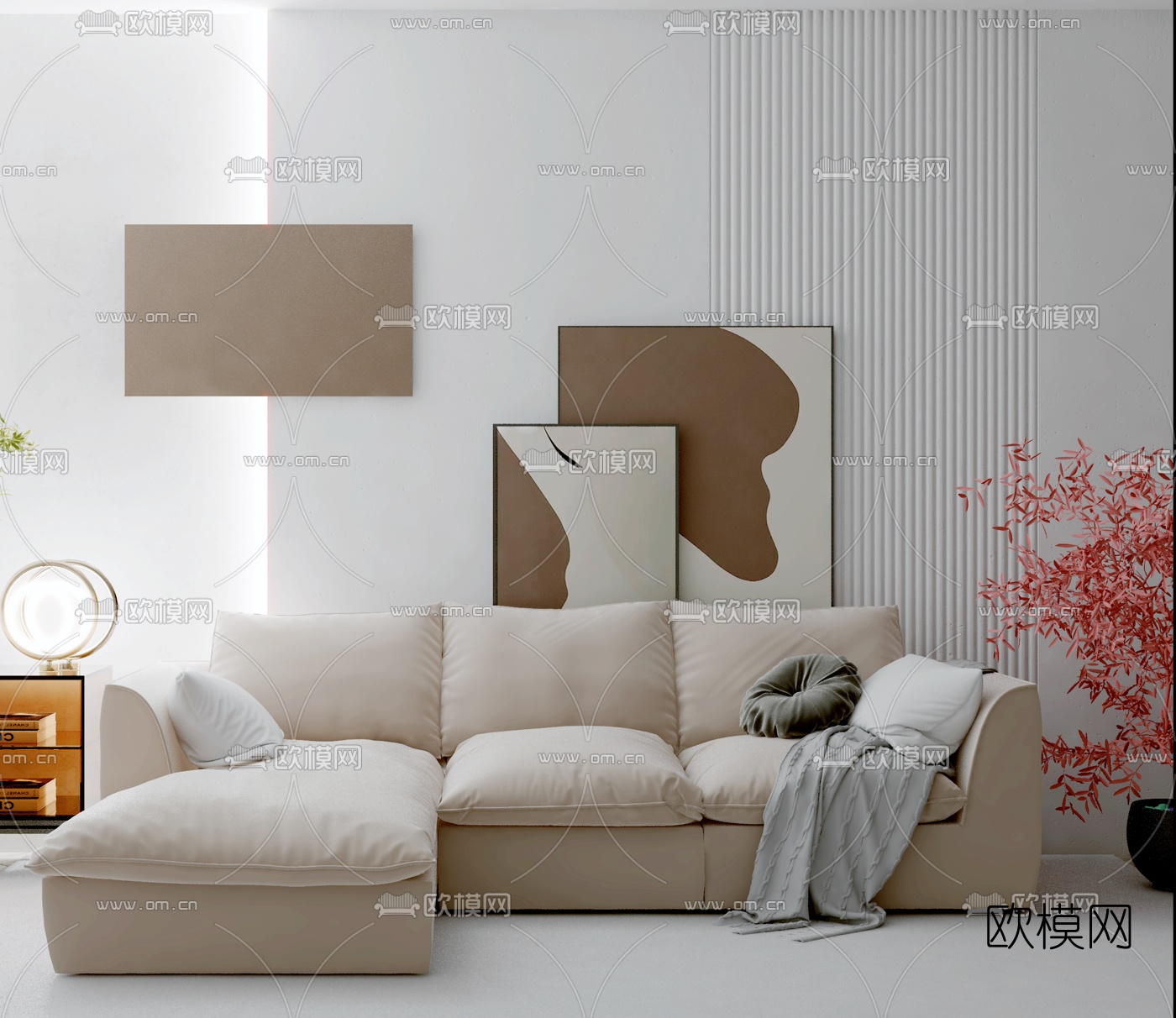 现代布艺转角沙发su模型下载（渲染图1）