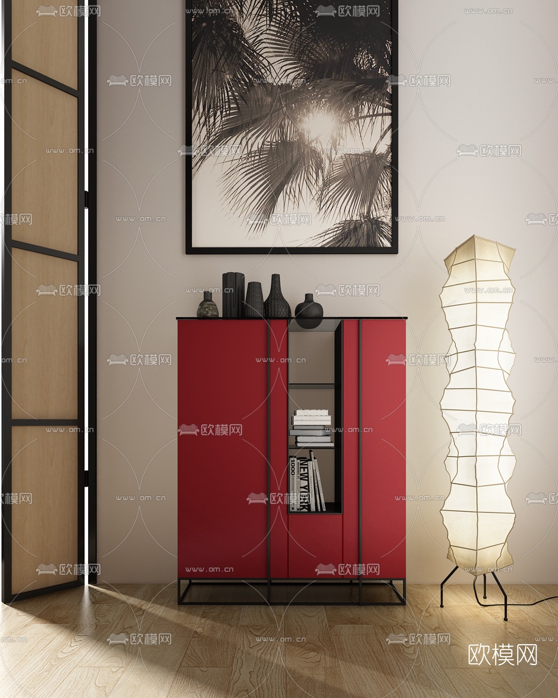 意大利Jesse品牌 现代红色装饰柜落地灯3D模型下载（渲染图1）