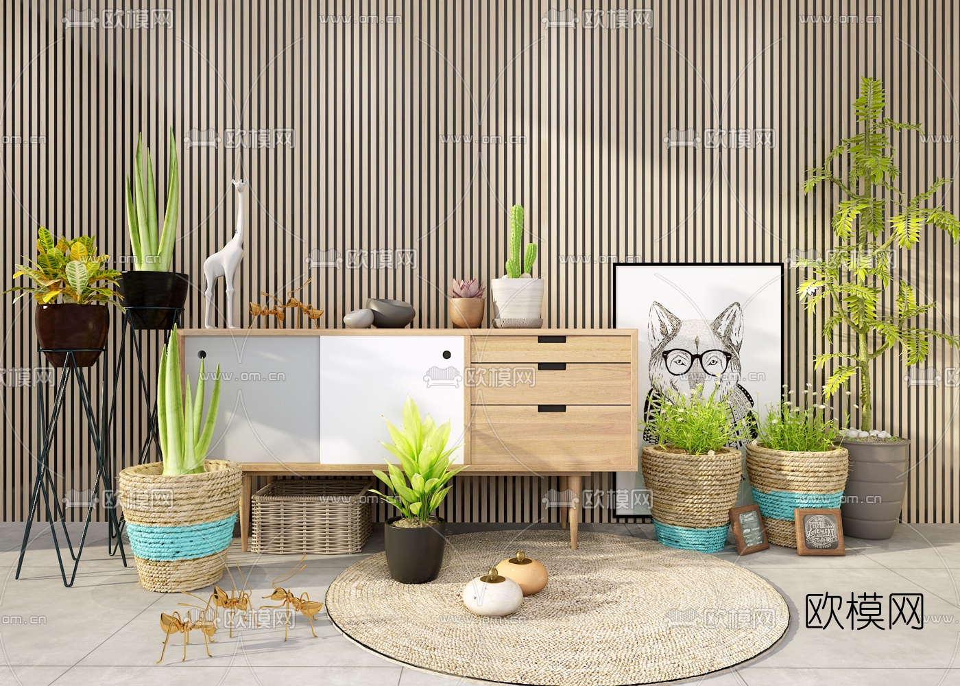 北欧边柜盆栽摆件3d模型下载