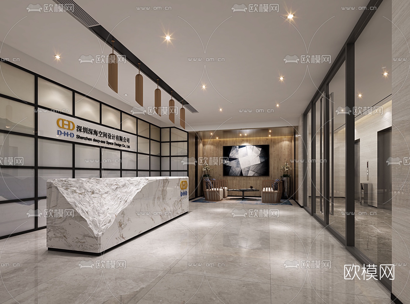 现代办公前台等待区3D模型-免费3dmax模型库-欧模网