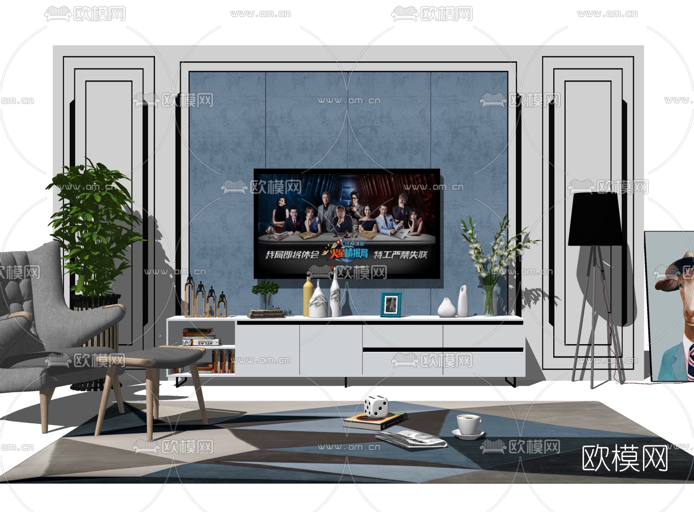 现代电视柜背景墙组合su模型下载