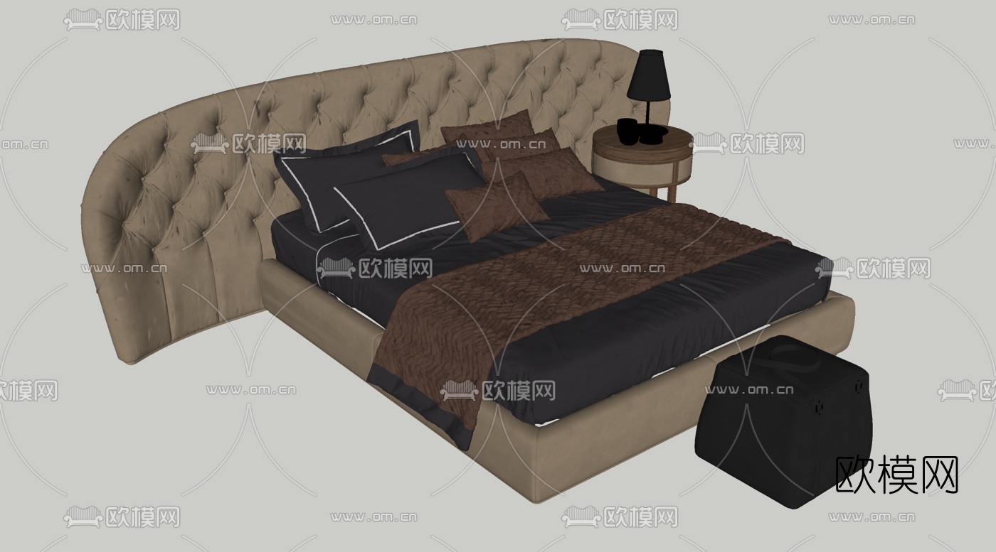 现代布艺双人床su模型下载（渲染图1）