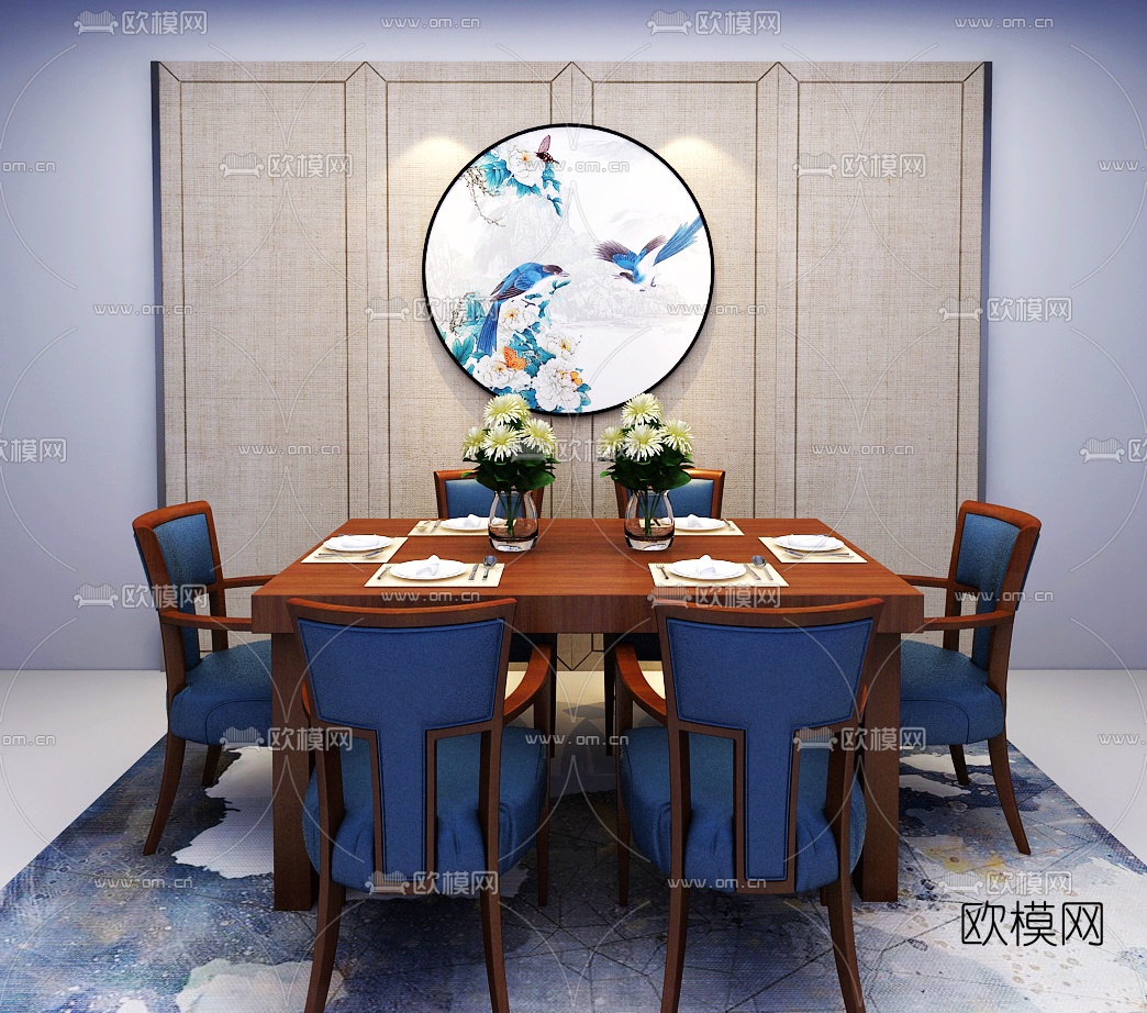 新中式实木餐桌椅餐具组合3D模型
