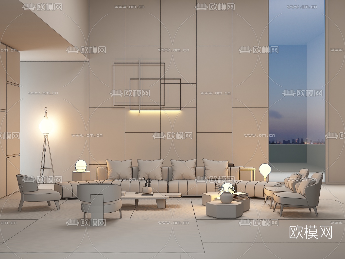 意大利Minotti现代多人沙发茶几摆件组合3D模型下载（渲染图3）