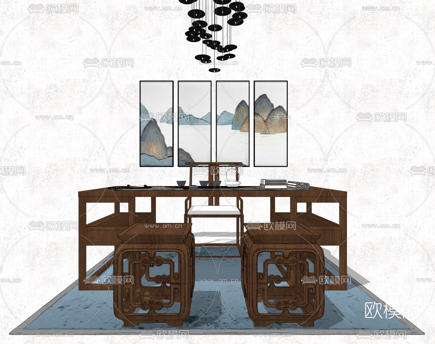 中式实木书桌椅组合su模型下载