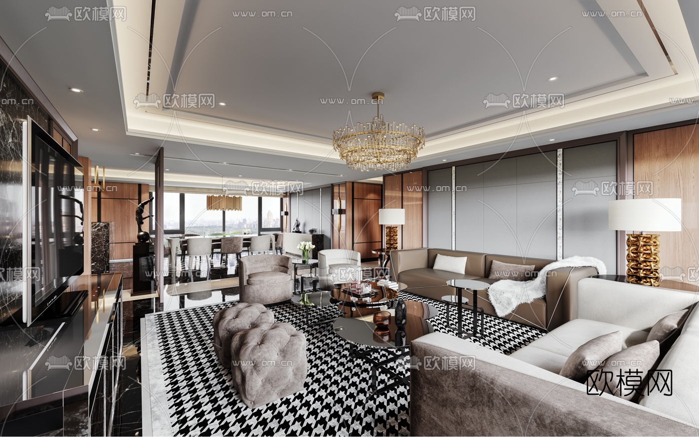 现代港式轻奢客厅餐厅3d模型下载（渲染图2）
