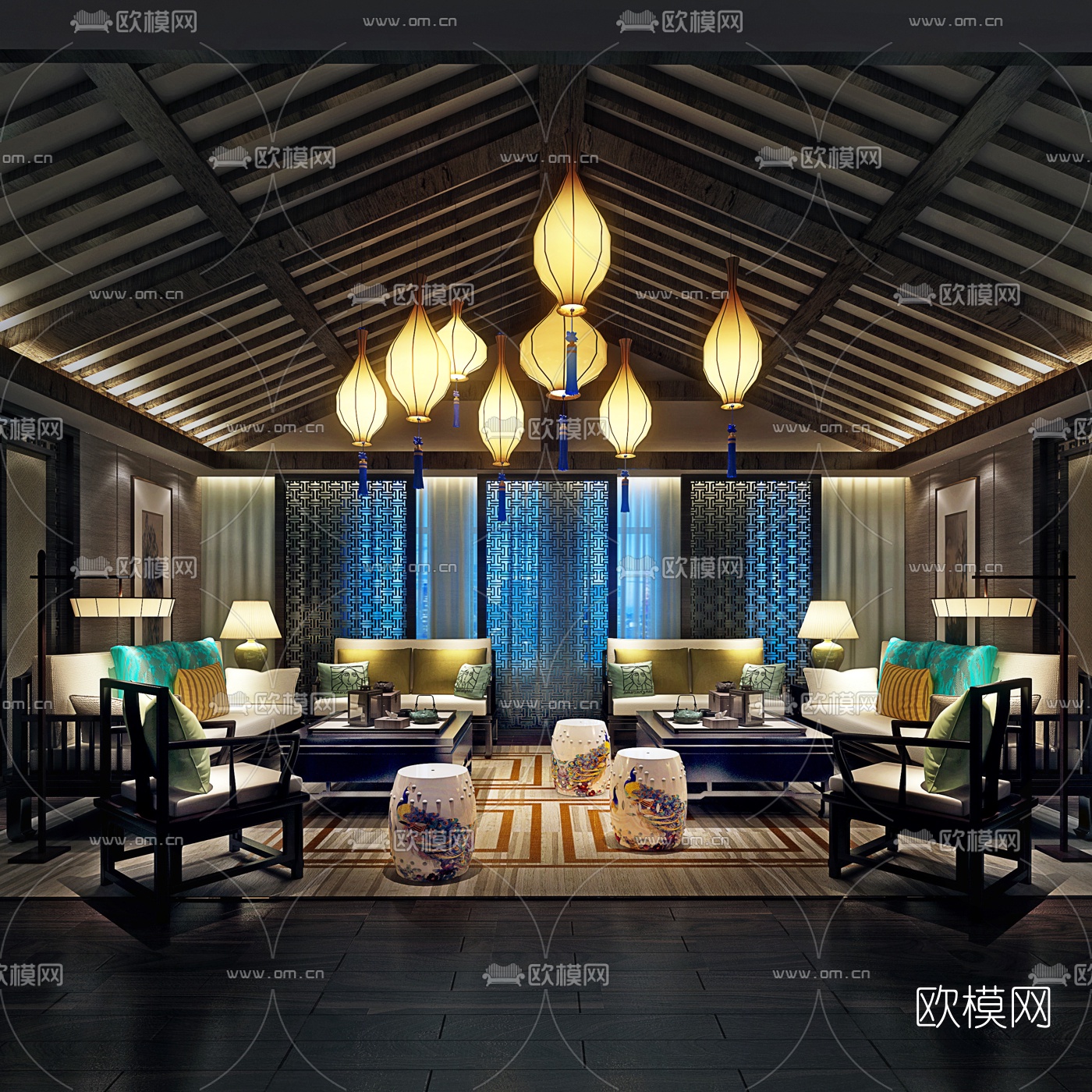 新中式会所休息洽谈区3D模型下载