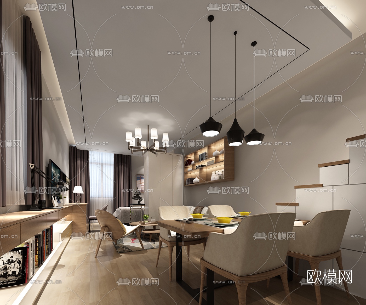 现代单身公寓客厅餐厅3D模型下载