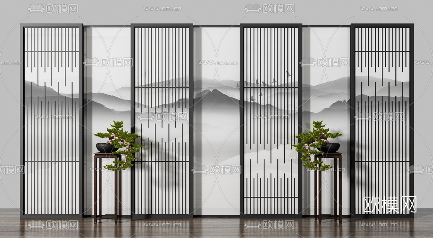 新中式花格山水屏风隔断植物盆栽3d模型