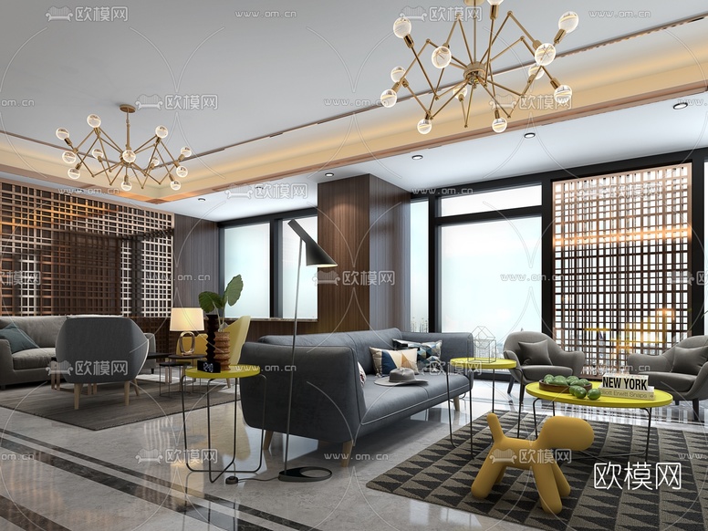 现代轻奢会所休闲娱乐区3d模型下载(渲染图1)