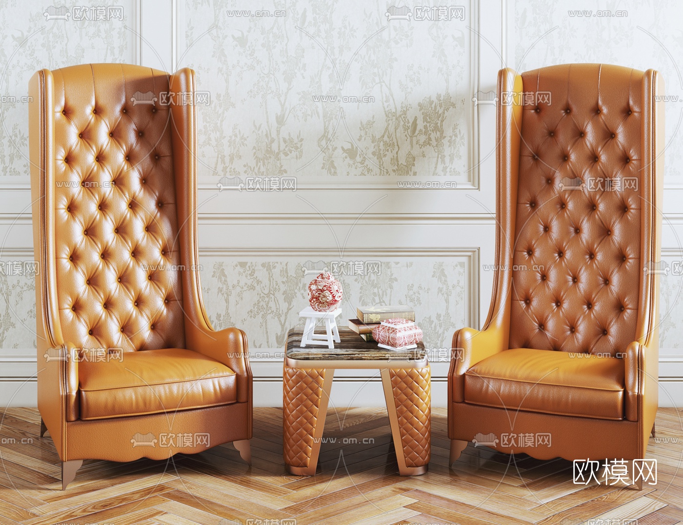 后现代高背椅边几组合3D模型下载