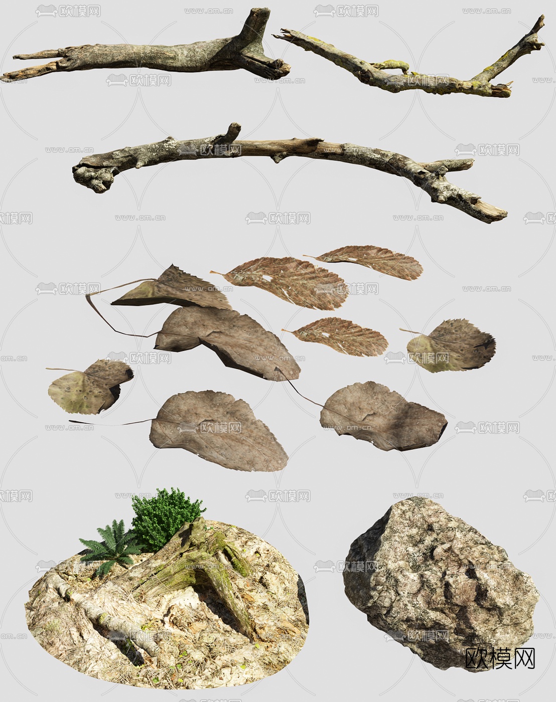 现代树叶树枝树干树根石头3d模型下载