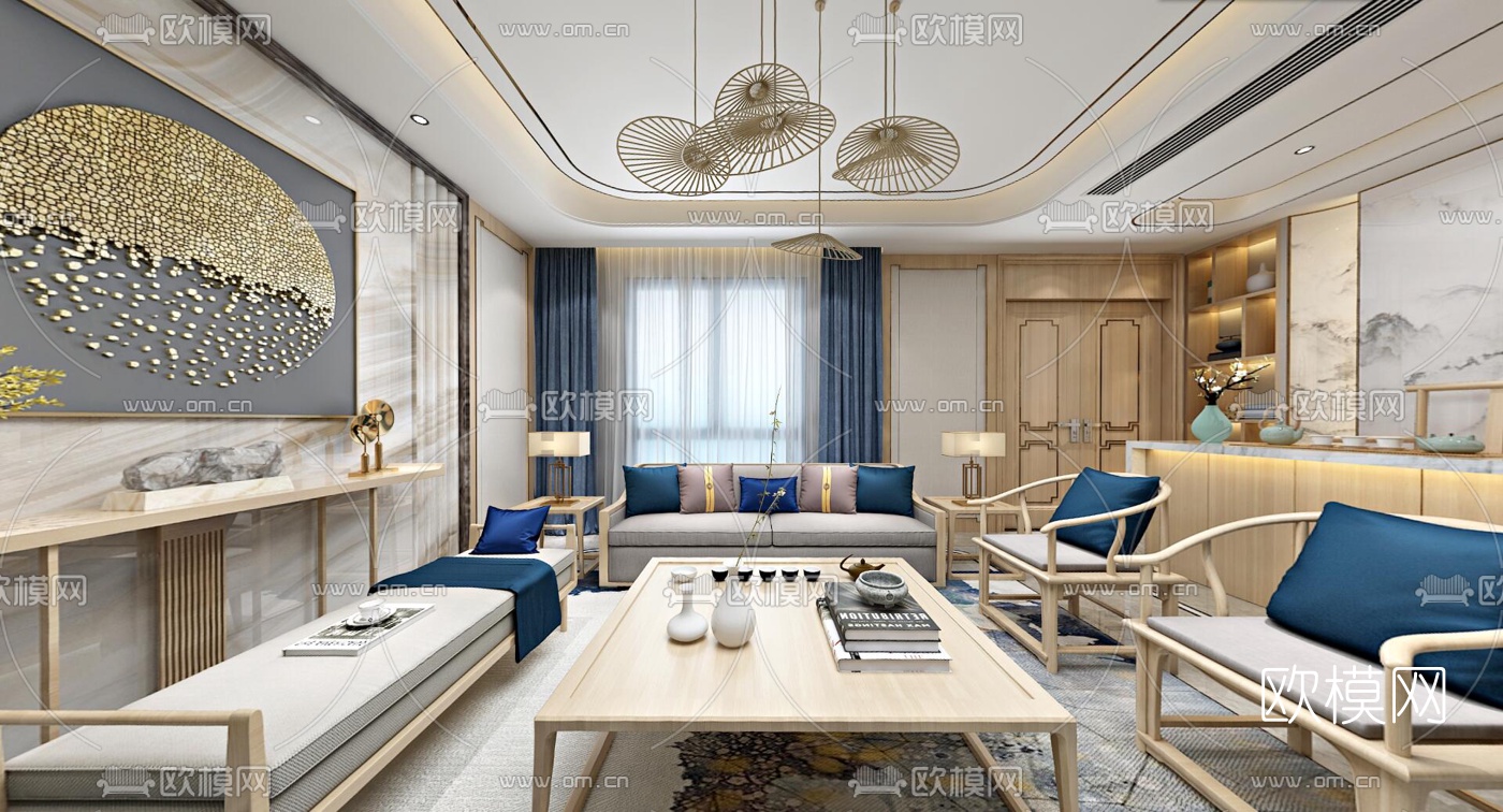 新中式别墅客厅餐厅茶室全景3d模型