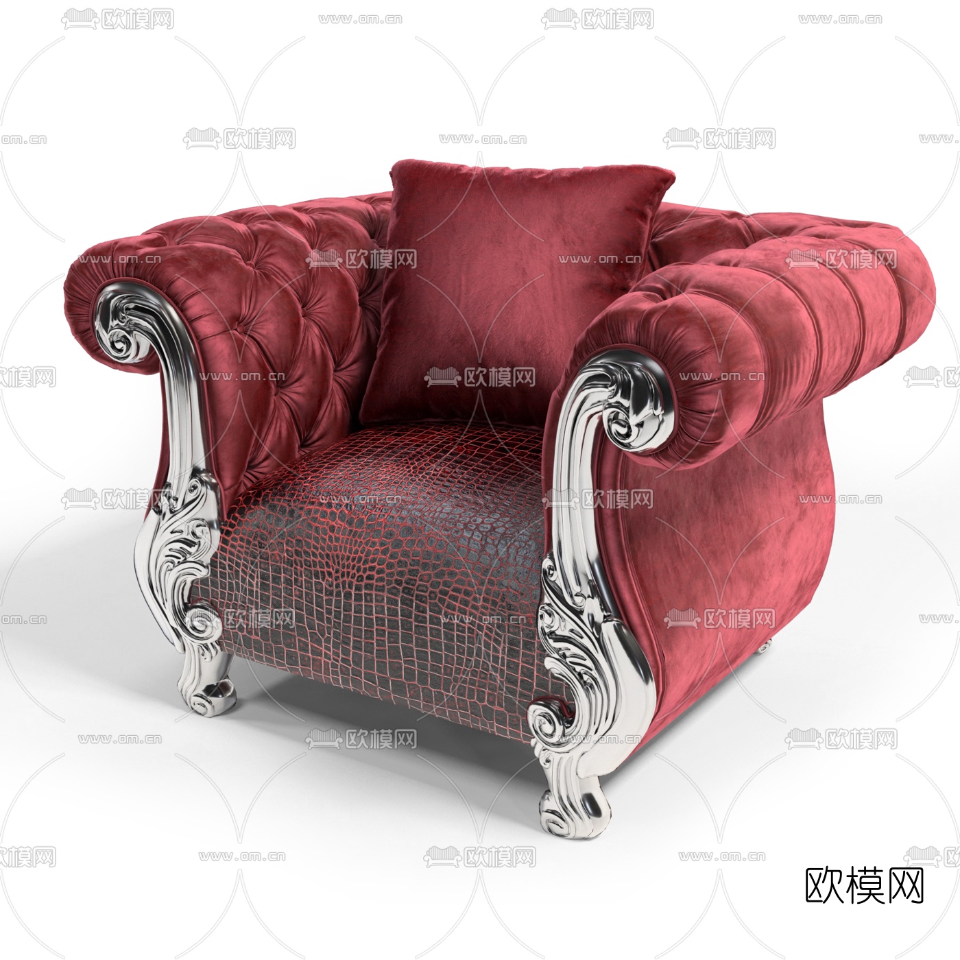 欧式红色绒布单人沙发3d模型