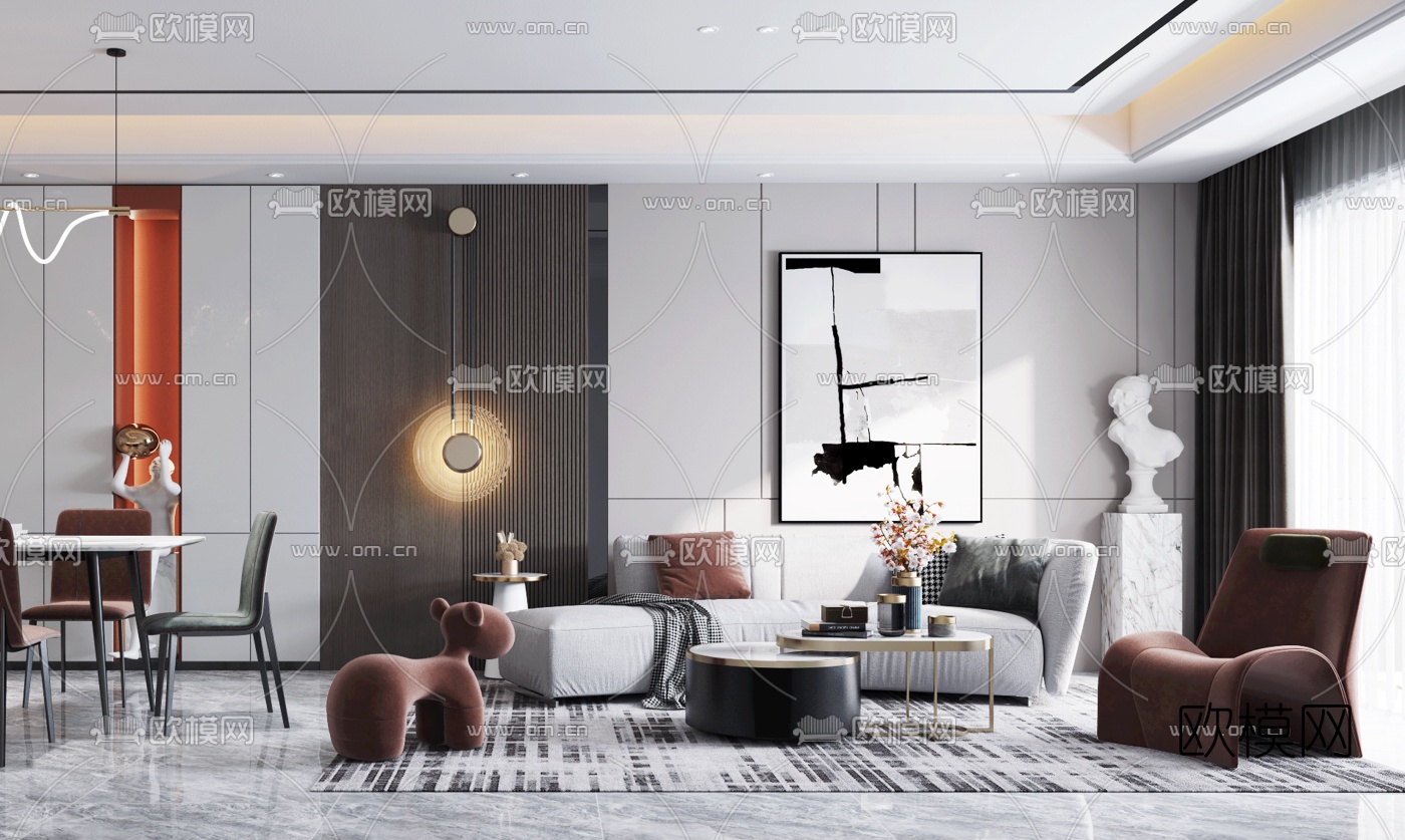 现代客厅餐厅3d模型下载（渲染图1）