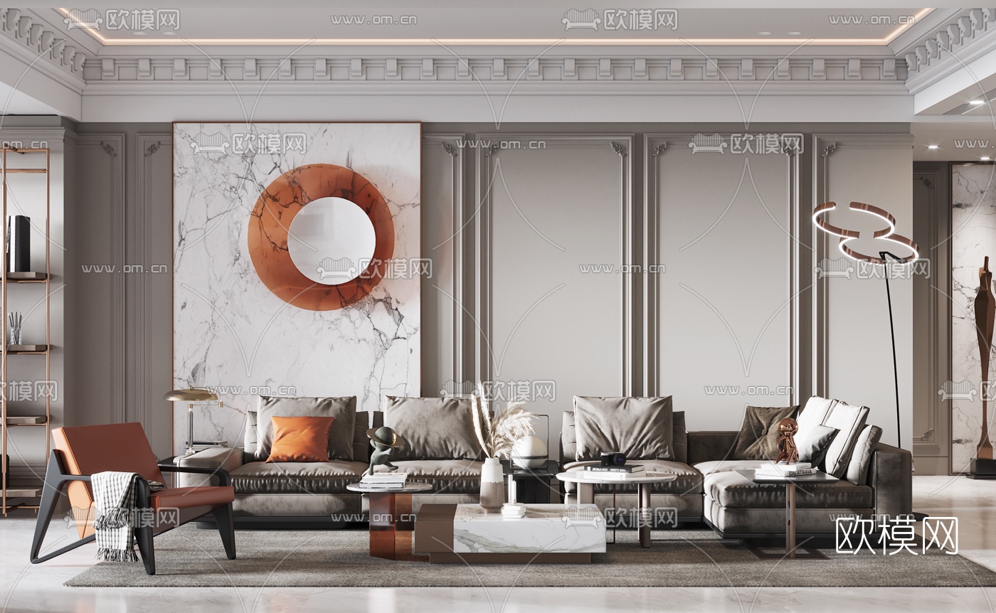 法式布艺转角沙发组合3d模型下载（渲染图1）