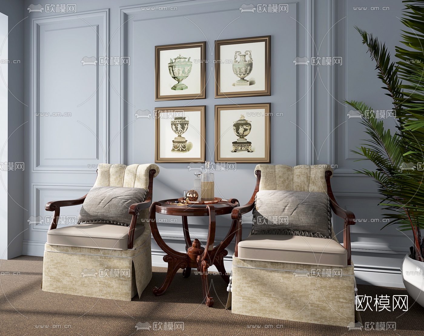 欧式单人沙发圆几组合3D模型下载