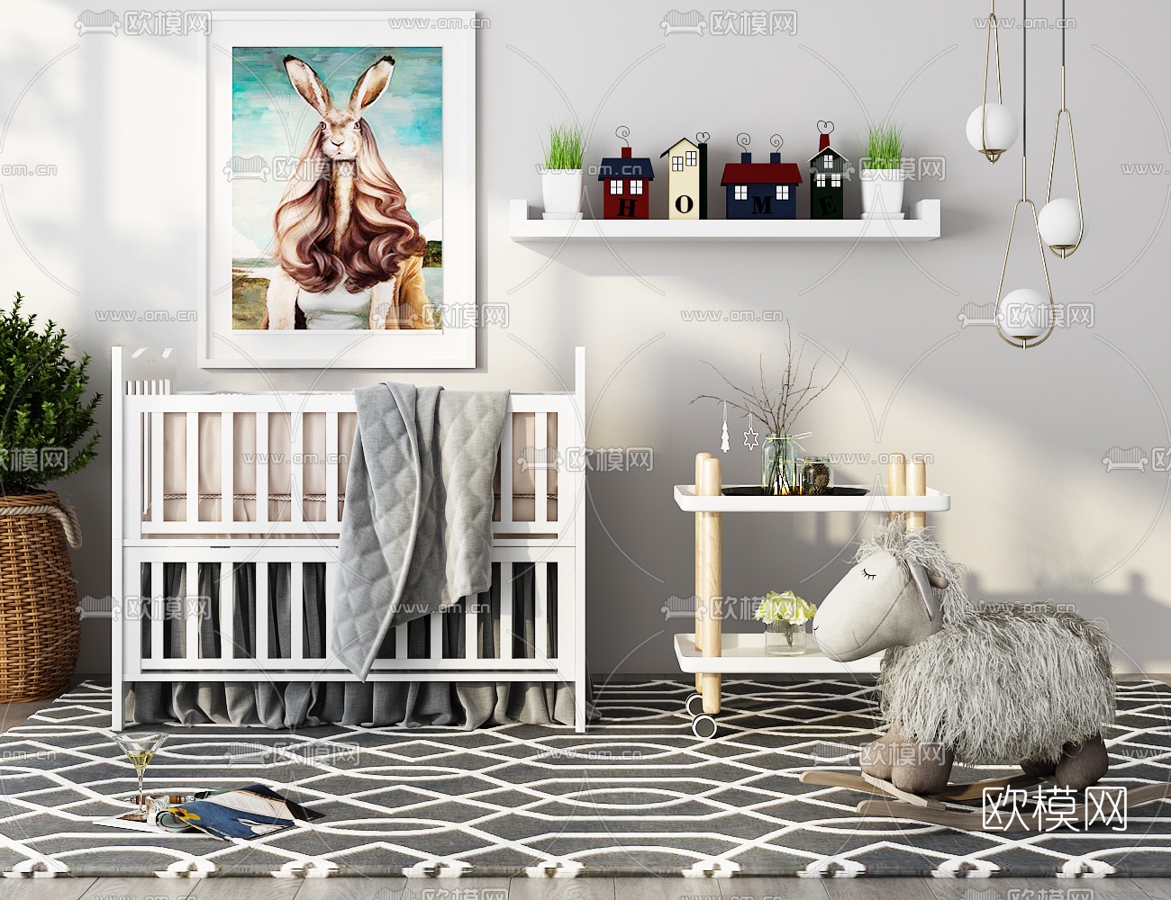 现代婴儿床边几木马车摆件组合3D模型下载