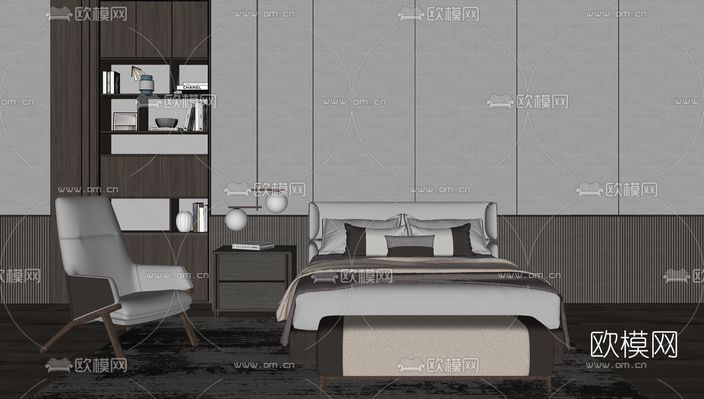 现代皮革双人床su模型下载（渲染图1）