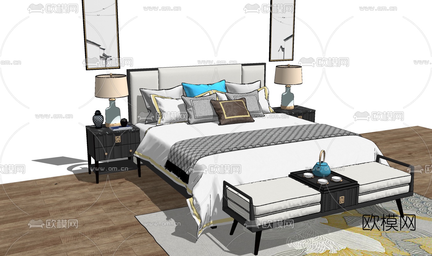新中式双人床su模型下载（渲染图2）