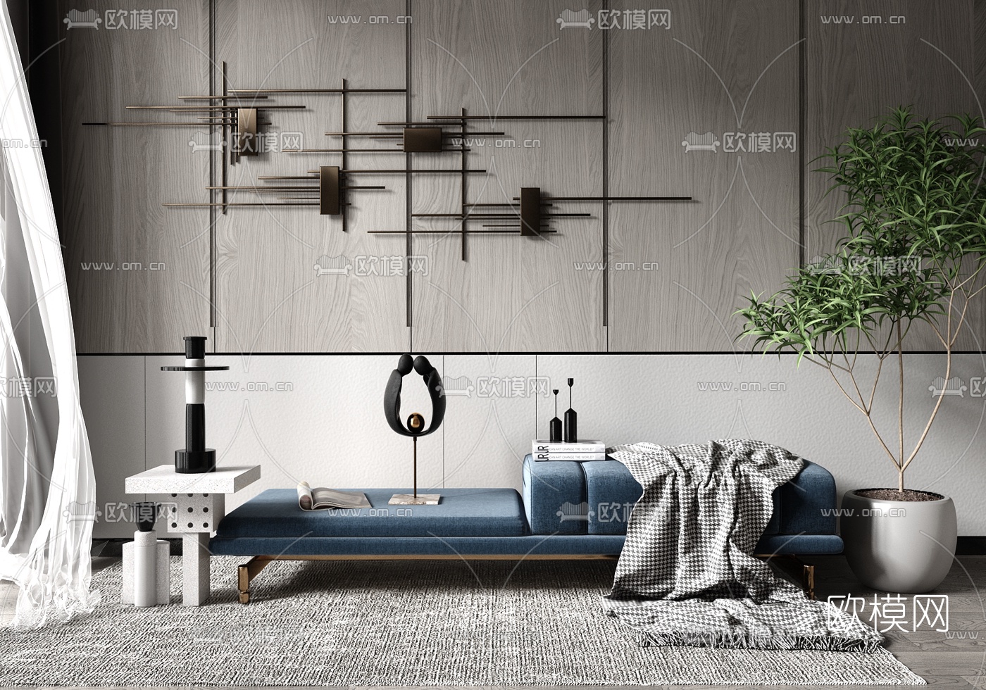 现代轻奢沙发凳su模型下载（渲染图1）