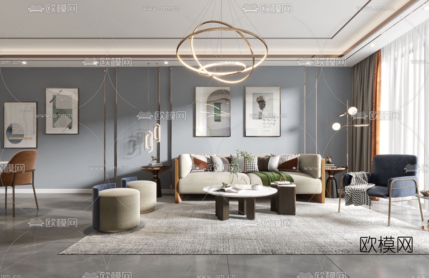 现代轻奢客厅餐厅3d模型下载（渲染图1）