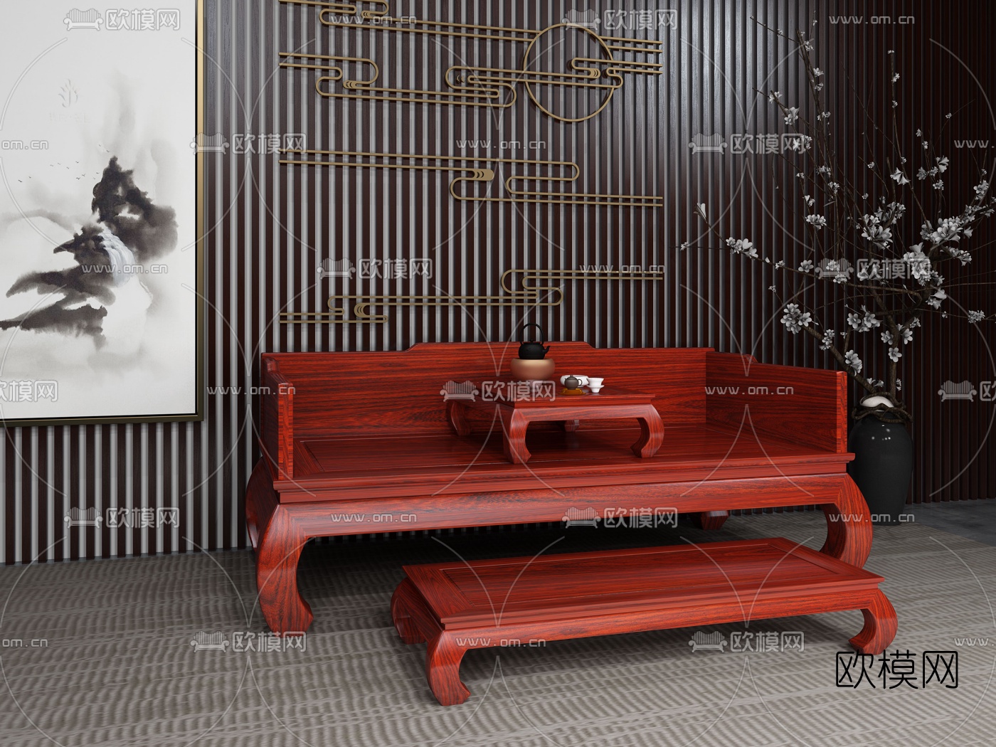 中式实木罗汉床双人沙发3d模型下载（渲染图2）