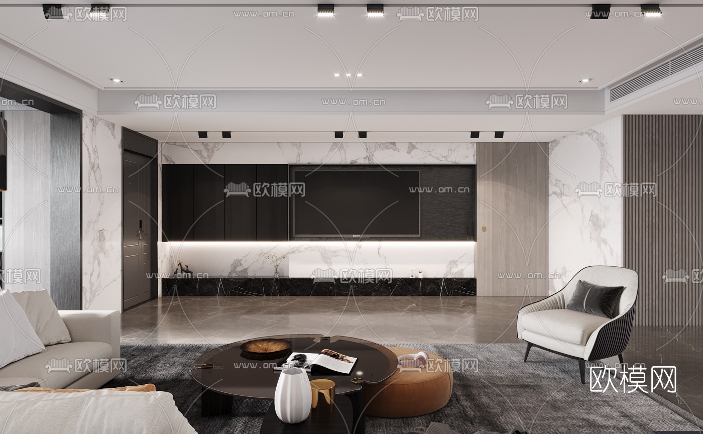 现代轻奢客厅餐厅3d模型