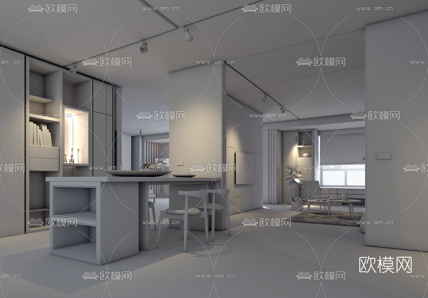 现代高级灰客厅餐厅3d模型