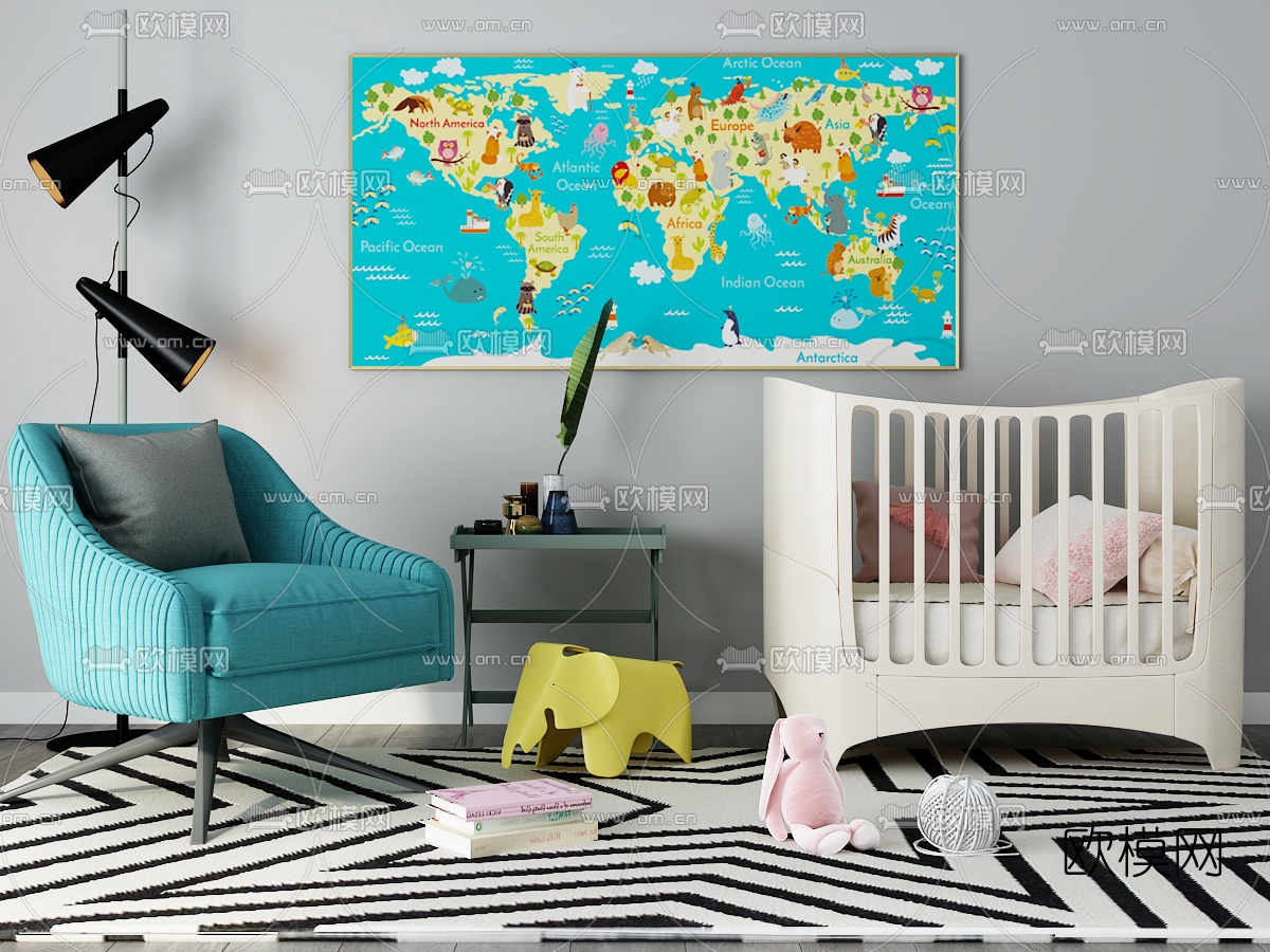 现代婴儿床休闲沙发落地灯组合3D模型下载