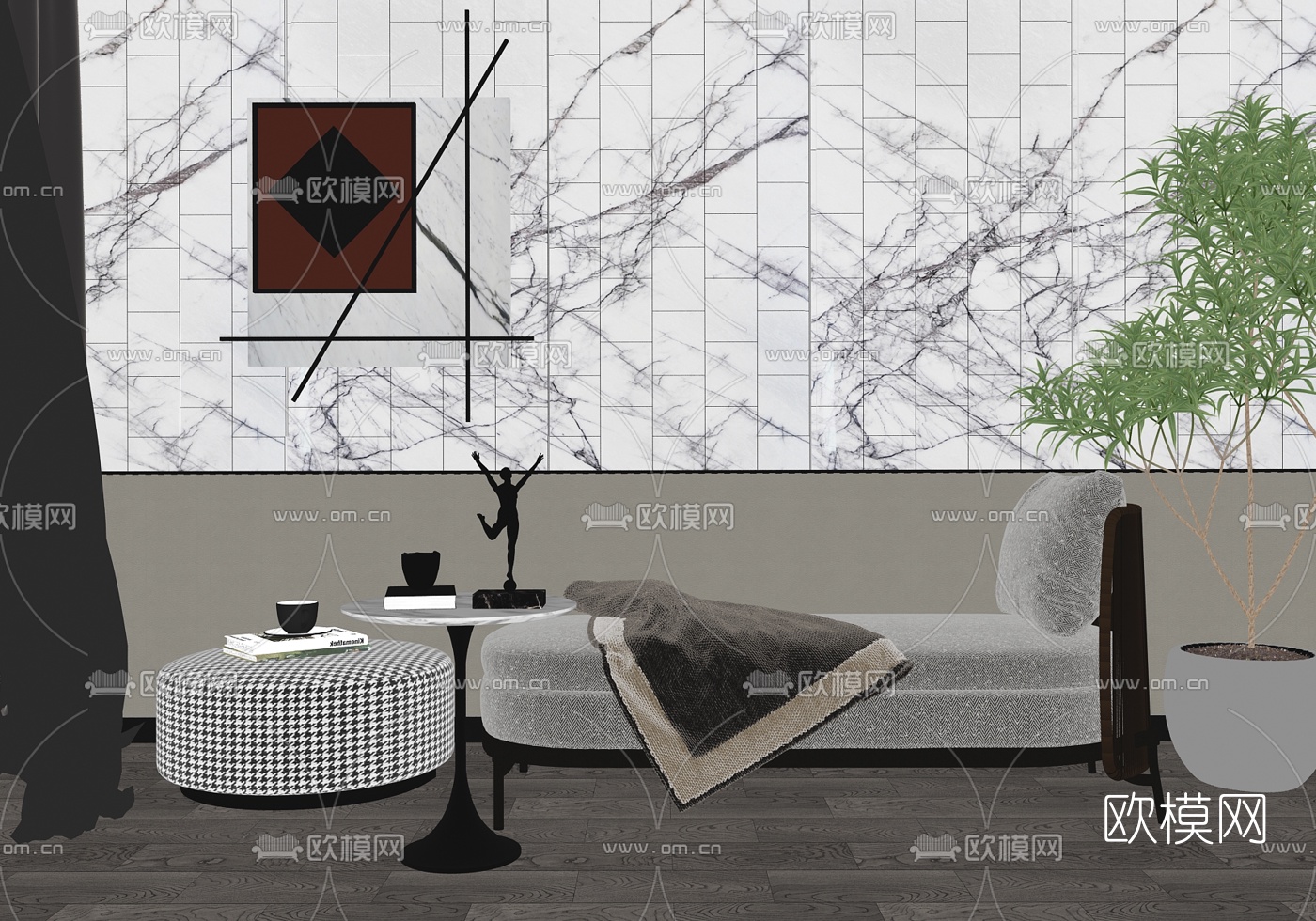 现代布艺贵妃椅su模型下载（渲染图2）