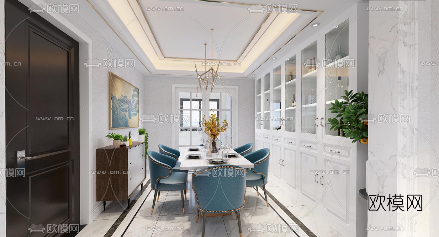 简欧客厅餐厅全景3d模型-免费3dmax模型库-欧模网
