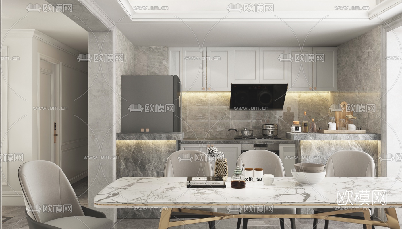 美式轻奢客厅餐厅3d模型