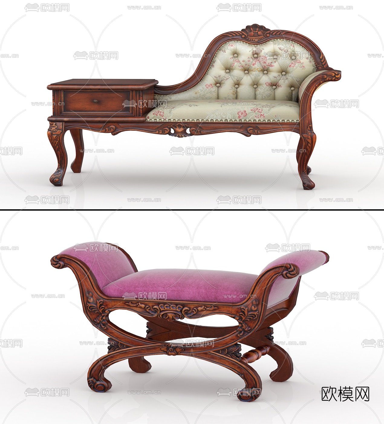 欧式雕花贵妃椅脚踏3d模型下载