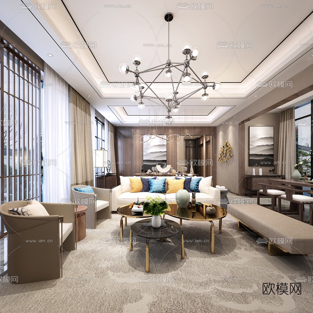 现代轻奢客厅餐厅3d模型