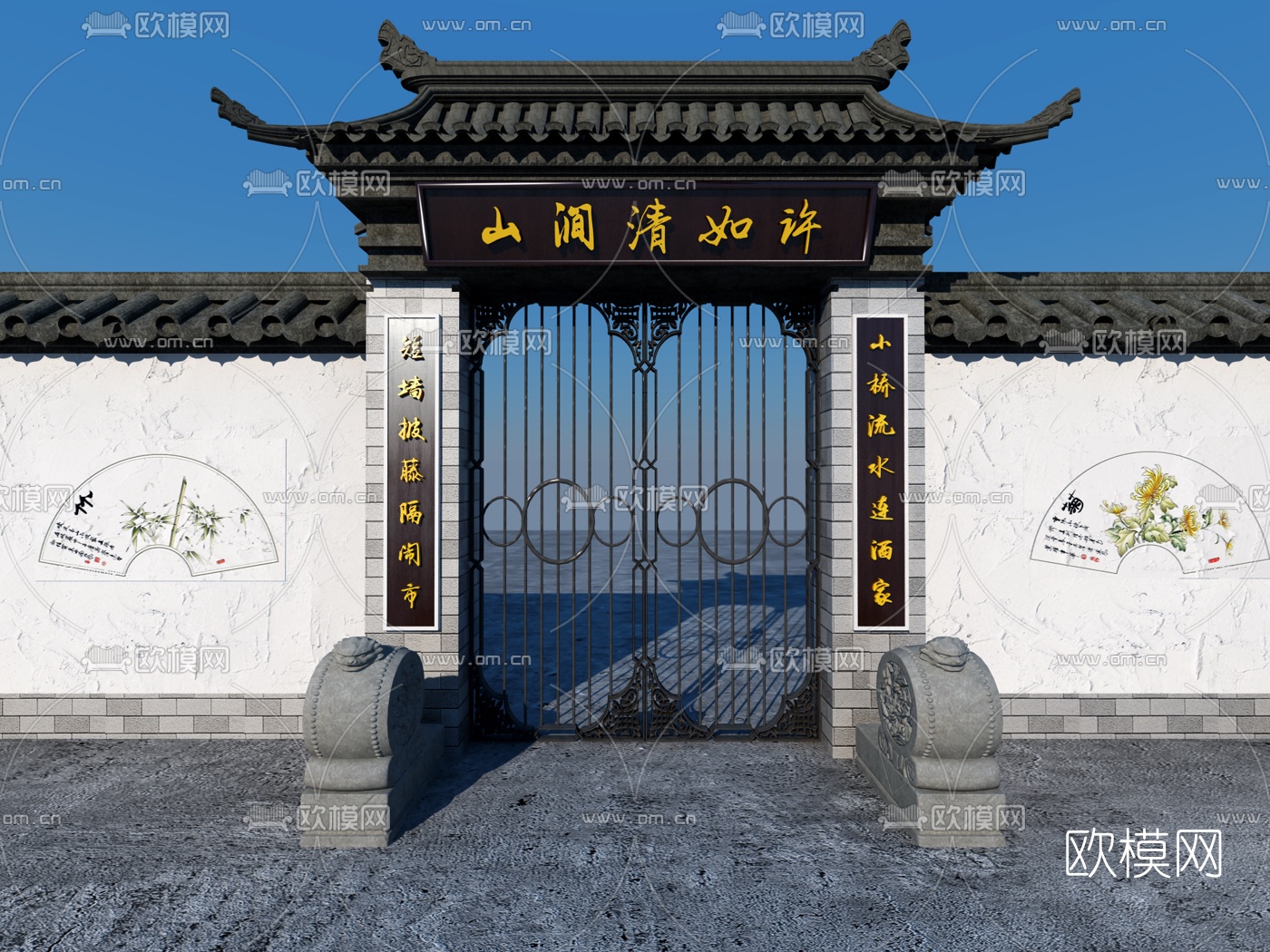 中式围墙院门3d模型
