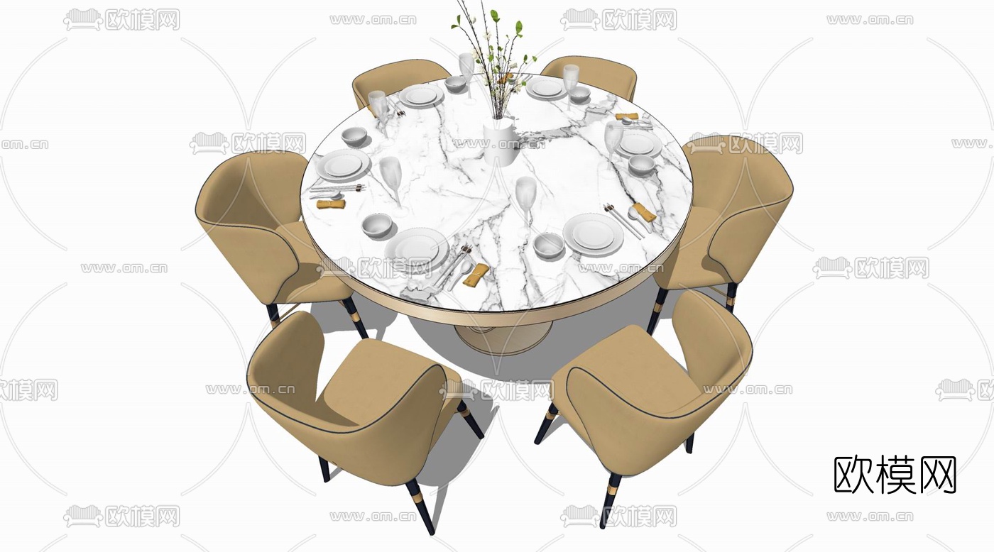 现代圆形轻奢餐桌椅su模型下载（渲染图1）