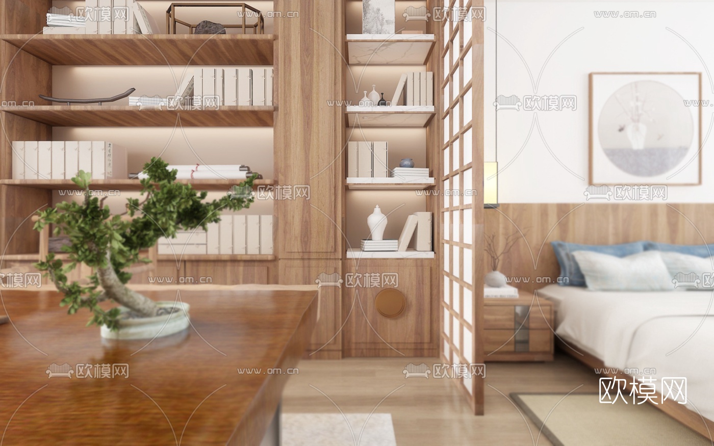 中式禅意主卧茶室3d模型下载（渲染图3）