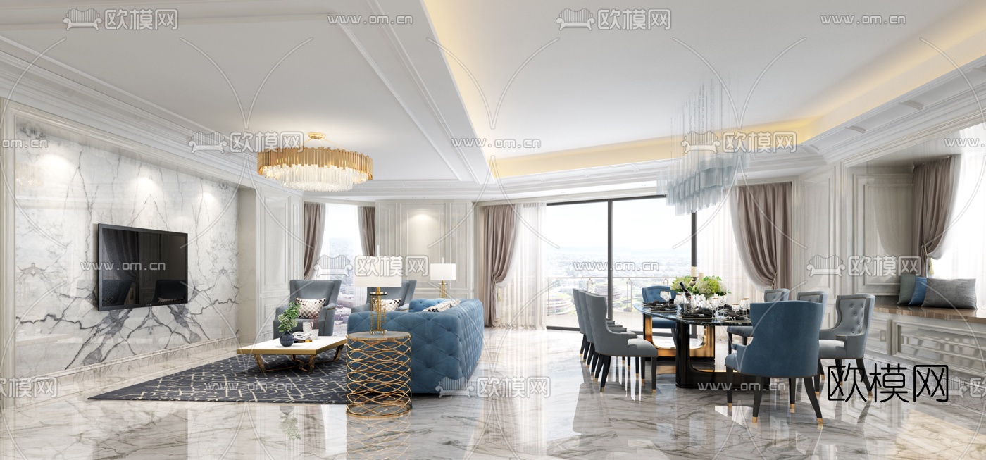 简欧轻奢客厅餐厅3D模型-免费3dmax模型库-欧模网