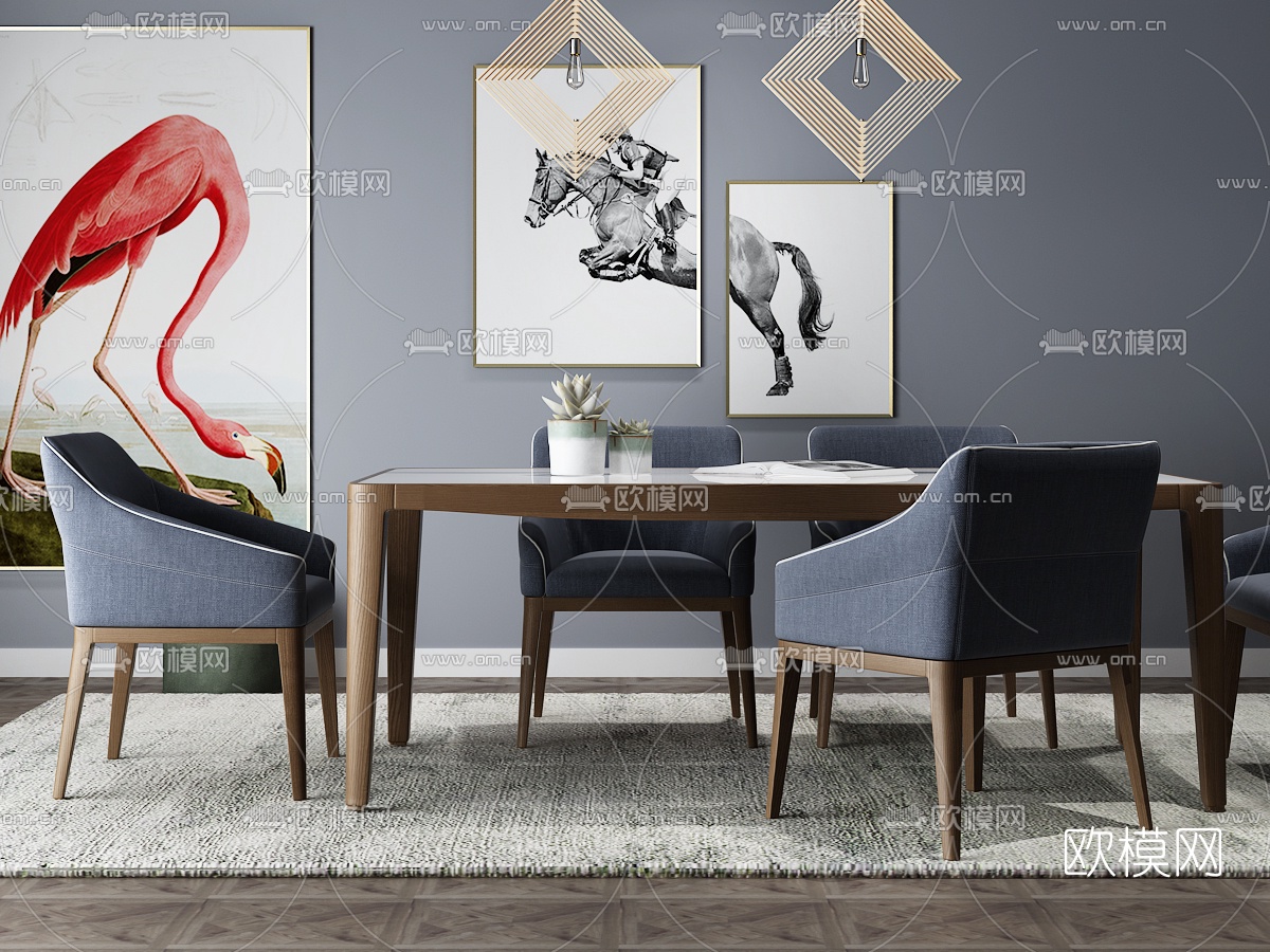 北欧餐桌椅装饰画吊灯摆件3D模型下载