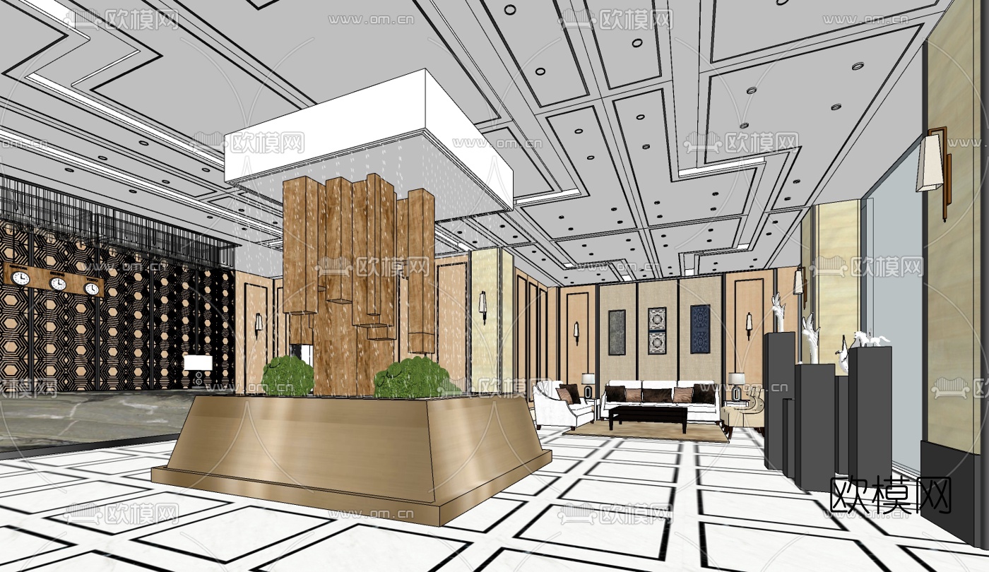 现代酒店大堂免费su模型下载（渲染图3）