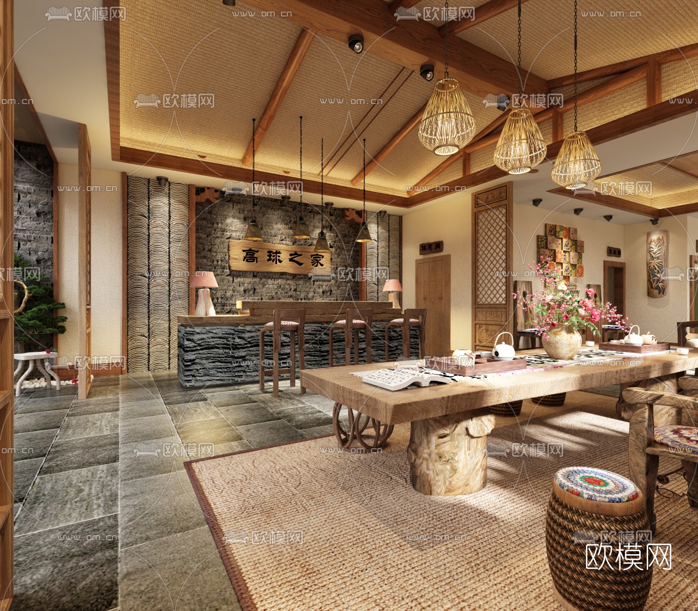 中式民宿酒店前台接待区3d模型