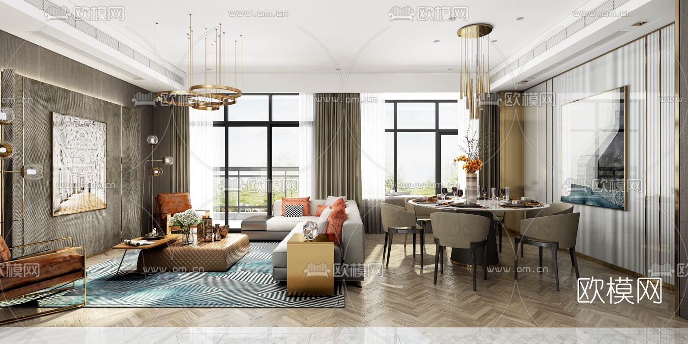 后现代客厅餐厅3D模型下载（渲染图2）