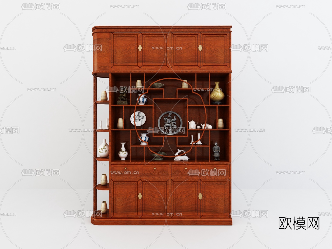 中式实木装饰柜边柜组合3D模型下载（渲染图2）