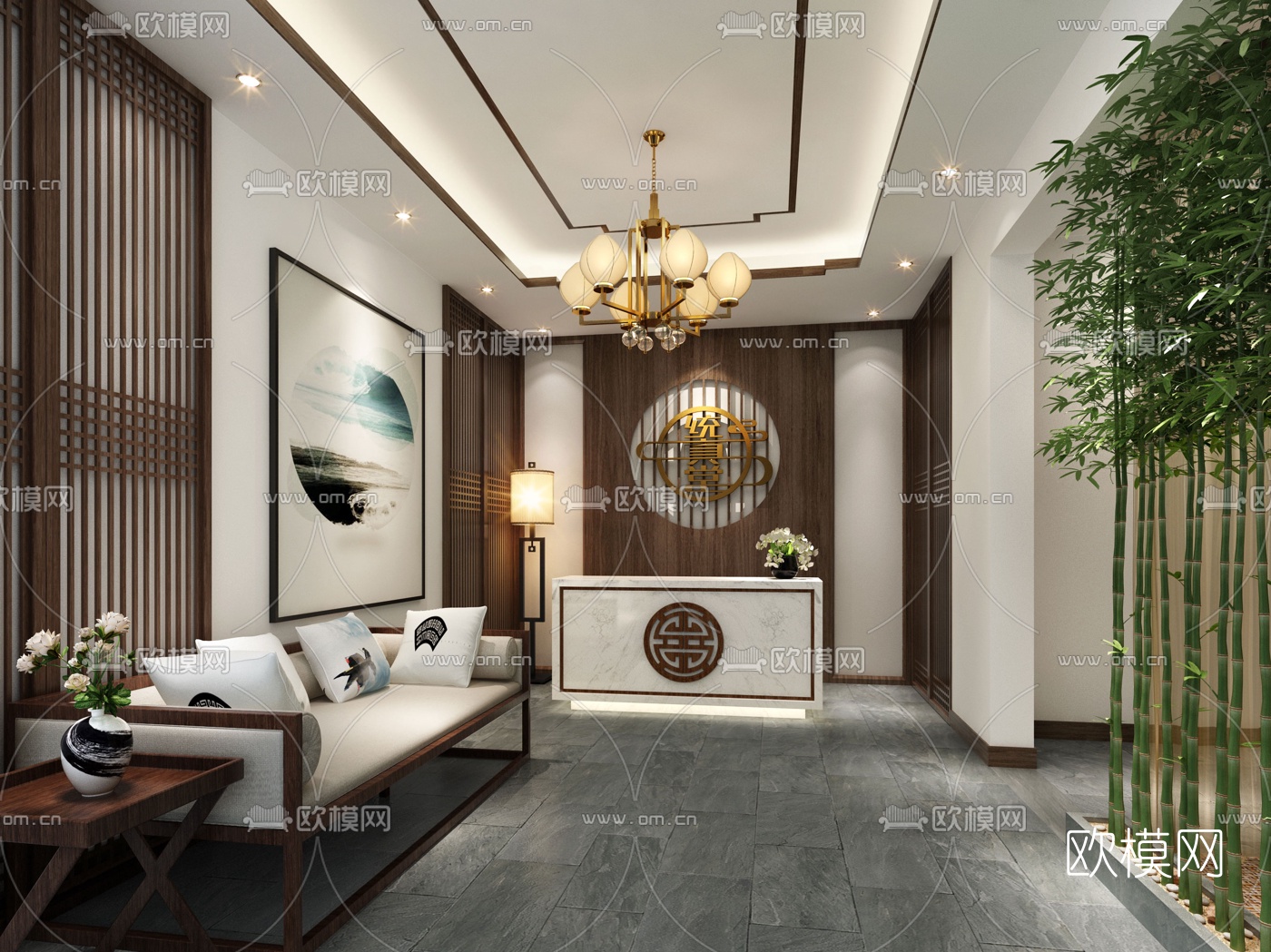 新中式会所前台接待区3D模型