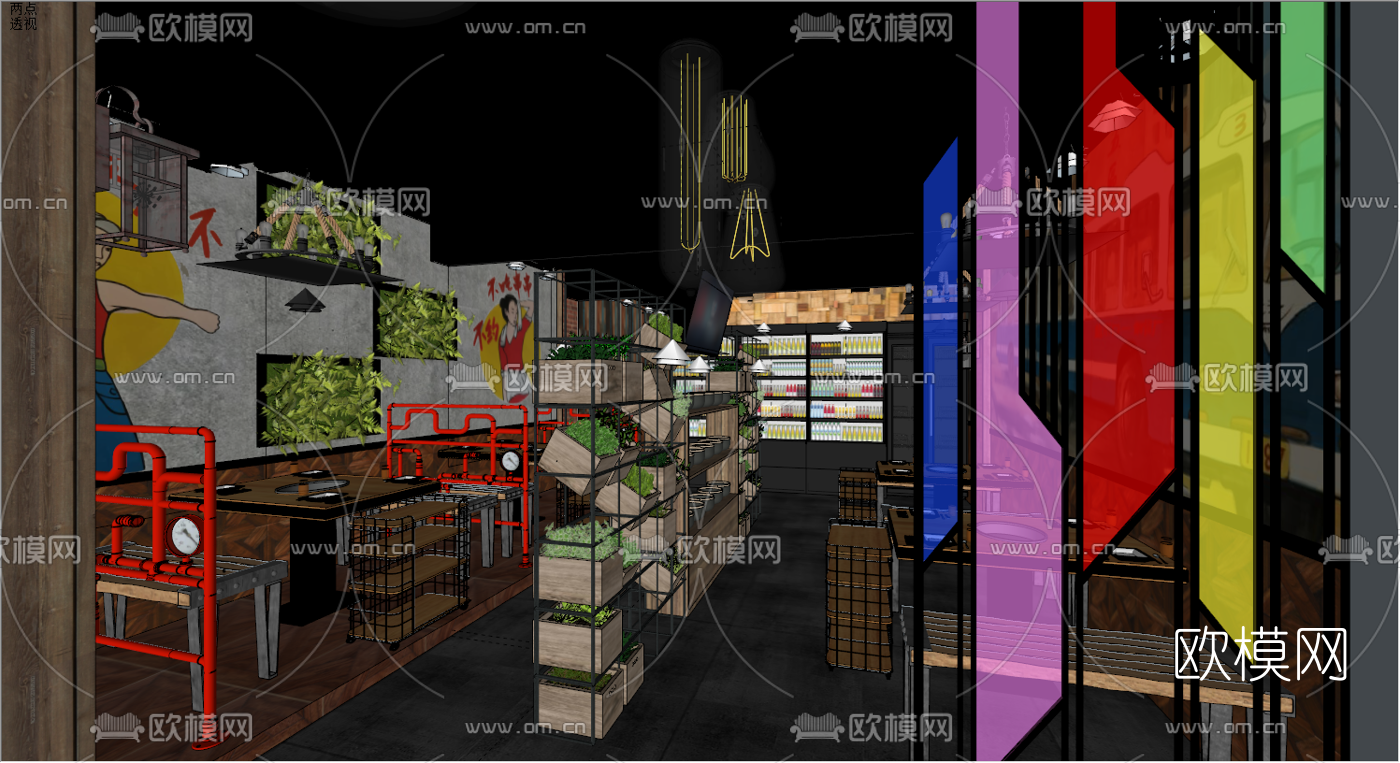 工业风串串火锅店su模型下载（渲染图1）