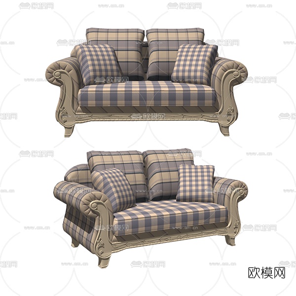 欧式布艺双人沙发免费su模型下载