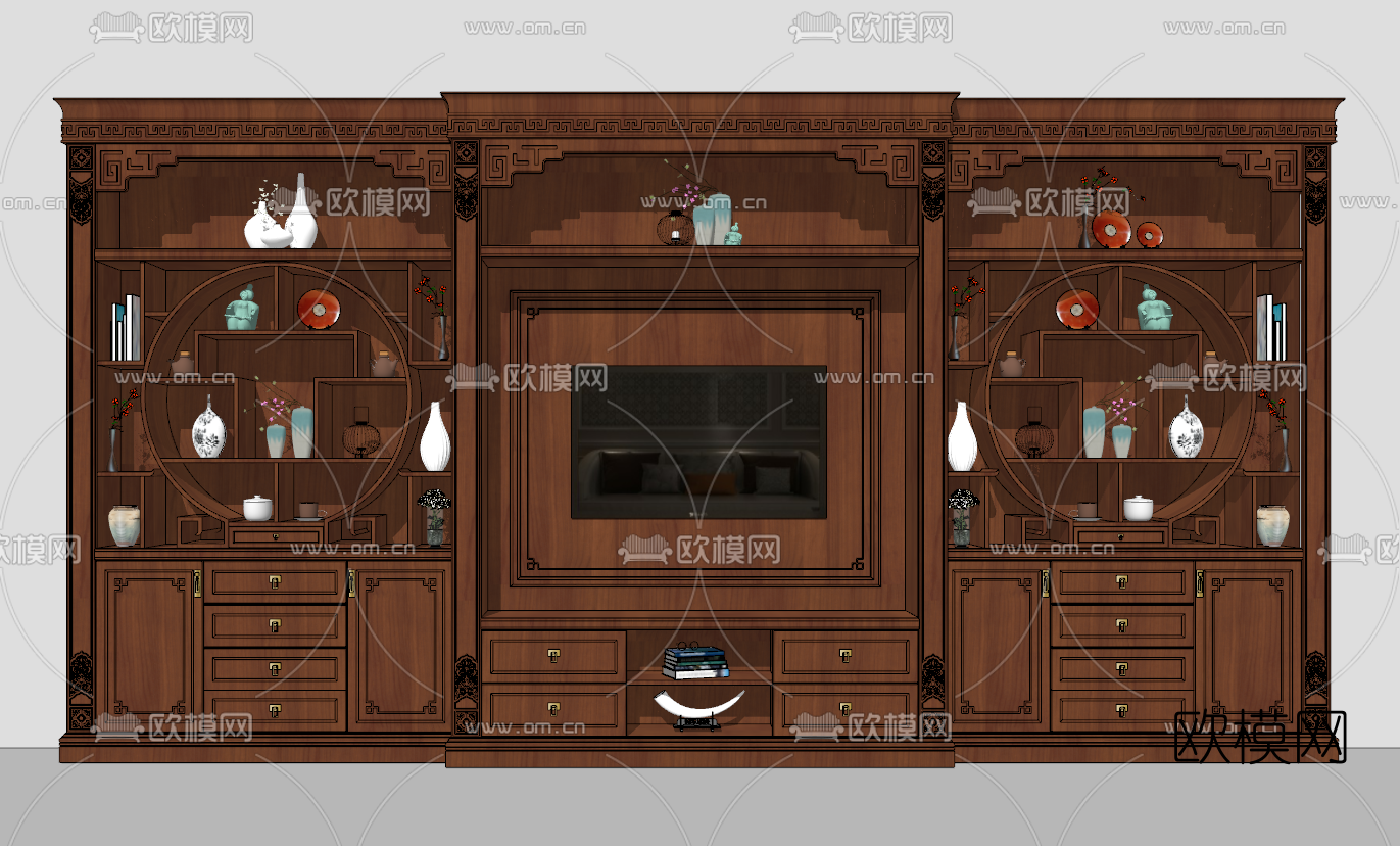 中式实木电视机组合柜su模型下载