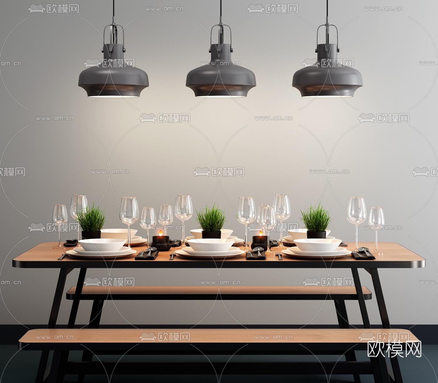 工业风餐桌凳子吊灯组合3D模型下载（渲染图1）