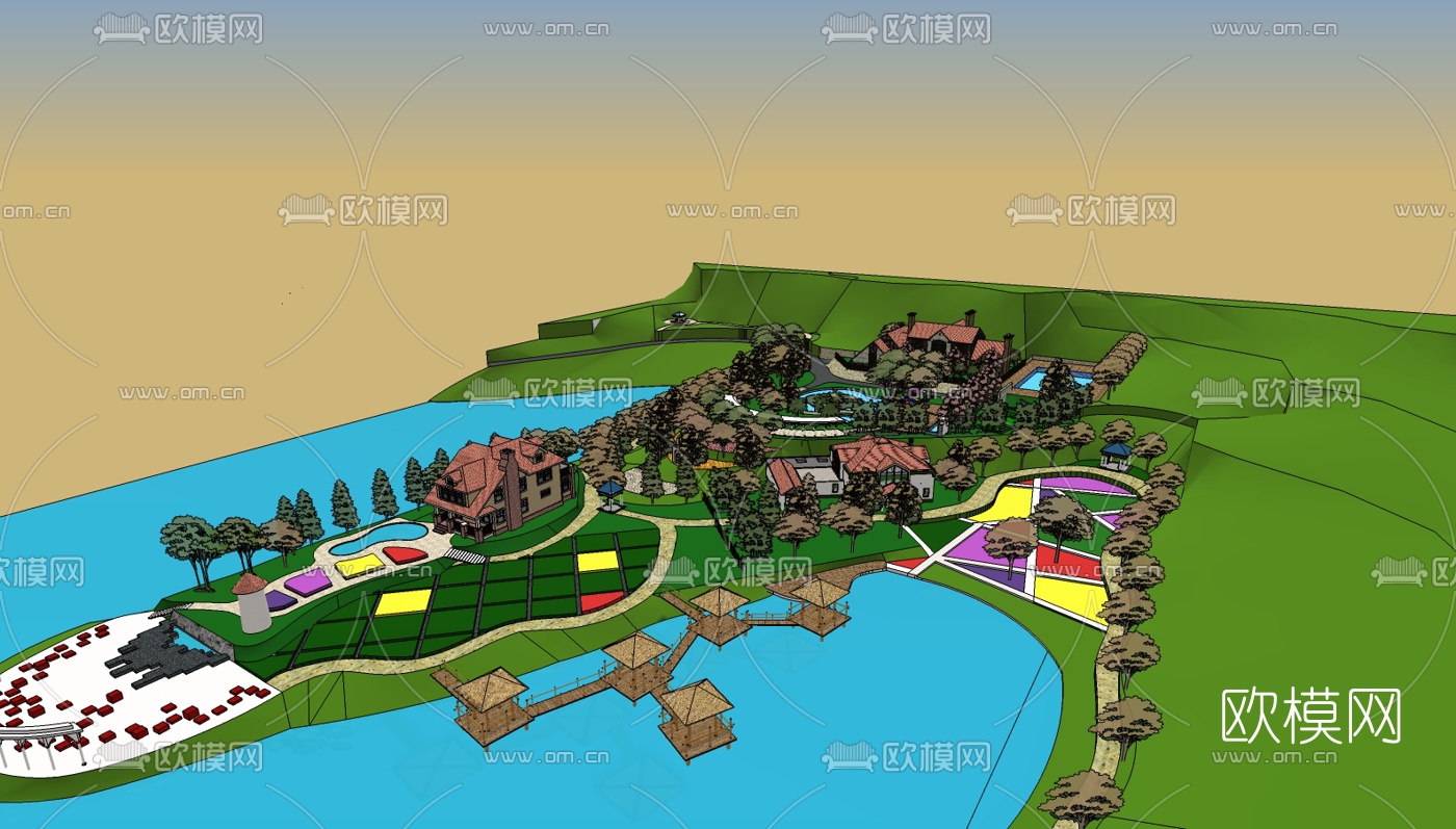 美式独栋别墅su模型下载（渲染图4）